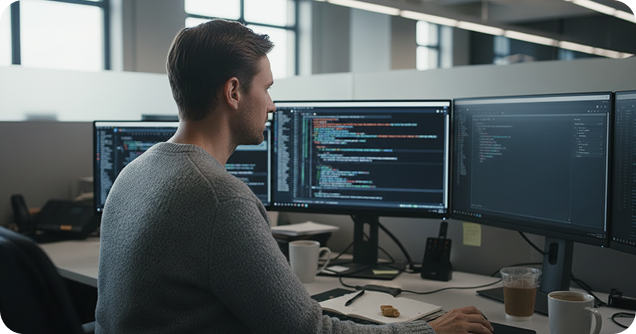 Senior engineer directing an AI coding agent on a laptop