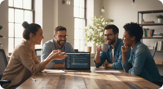 Team reviewing faster delivery cycles on a dashboard