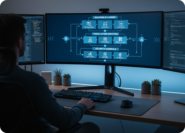Engineer reviewing an AI agent's architecture on a laptop