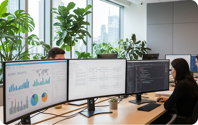 Engineers reviewing AI agent dashboards on multiple monitors