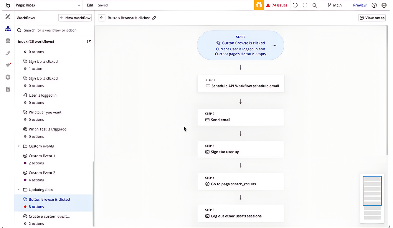 Bubble No Code Web Application Workflow and Logic Trigger Interface Canvas