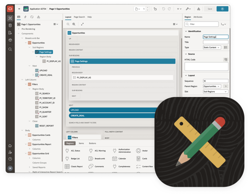 Oracle APEX Integrated Application Builder Layout and Region Editor Properties Dashboard
