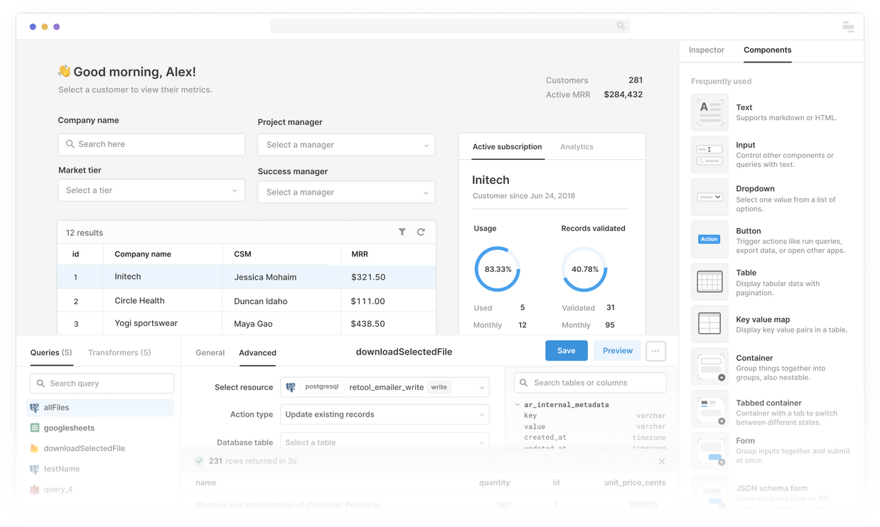 Retool Admin Panel Builder with Customer Subscriptions Data Table and Component Inspector