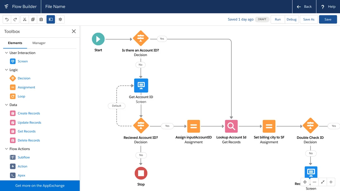 Salesforce Flow Builder Visual Drag and Drop Workspace for CRM Logic