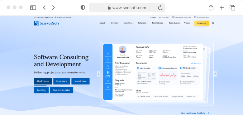 Screenshot of the ScienceSoft homepage showing its software consulting and development services for healthcare, insurance, and other industries