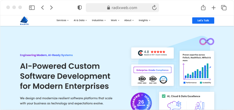 Screenshot of the Radixweb homepage highlighting AI-powered custom software development and enterprise-grade compliance credentials
