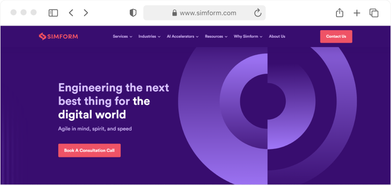 Screenshot of the Simform homepage with its tagline about engineering modern digital solutions