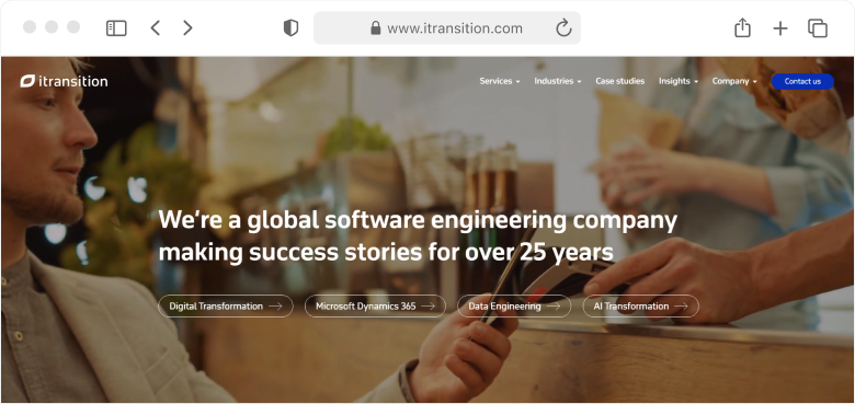Screenshot of the Itransition homepage describing it as a global software engineering company with 25+ years of experience