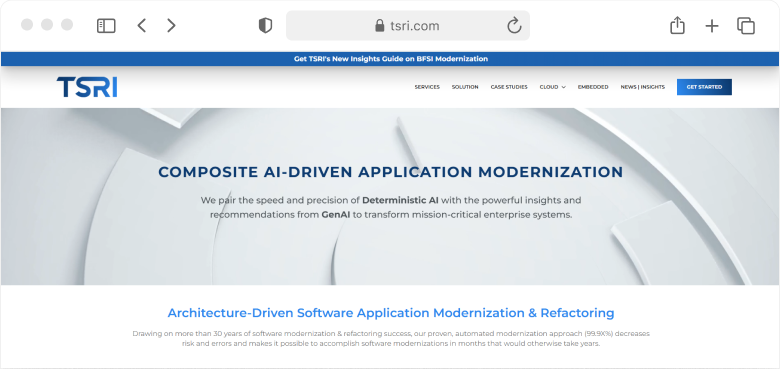 Screenshot of the TSRI homepage showcasing its composite AI-driven application modernization approach
