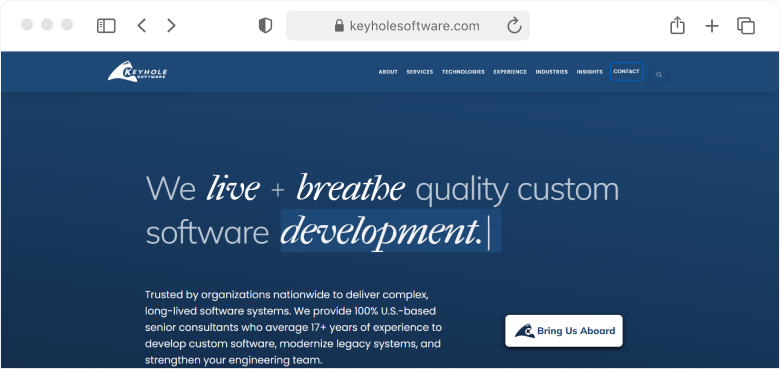 Screenshot of the Keyhole Software homepage emphasizing its US-based senior consultants for custom software development